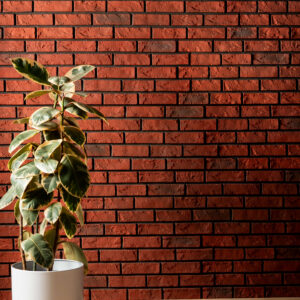 A faux red brick feature wall with a plant in a white pot in front on wooden flooring